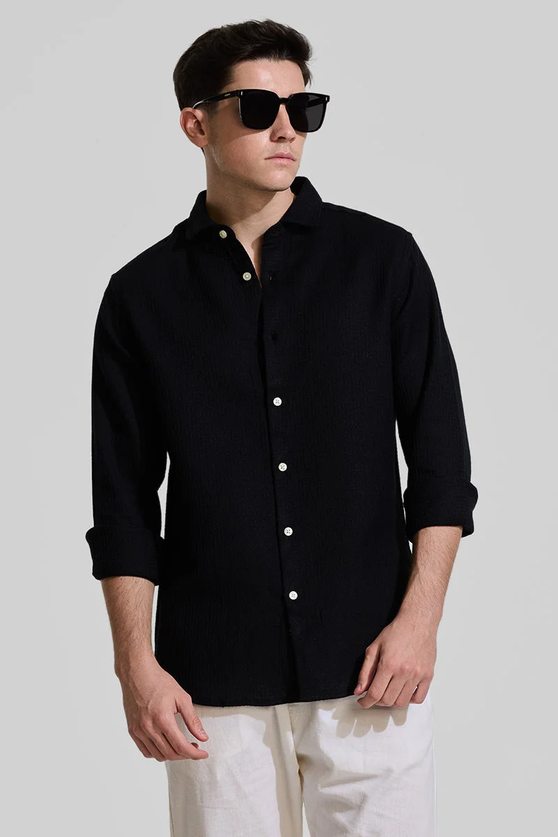 SNITCH Black Slim Fit Textured Shirt